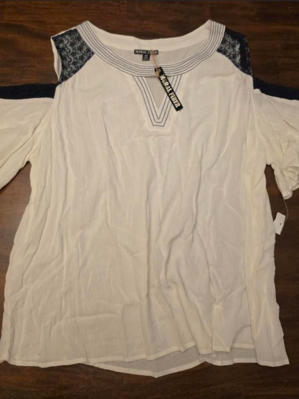 NWT 3XL Moral Fiber Cream Cold Shoulder Blouse - Black Lace & Embroidery - Boho